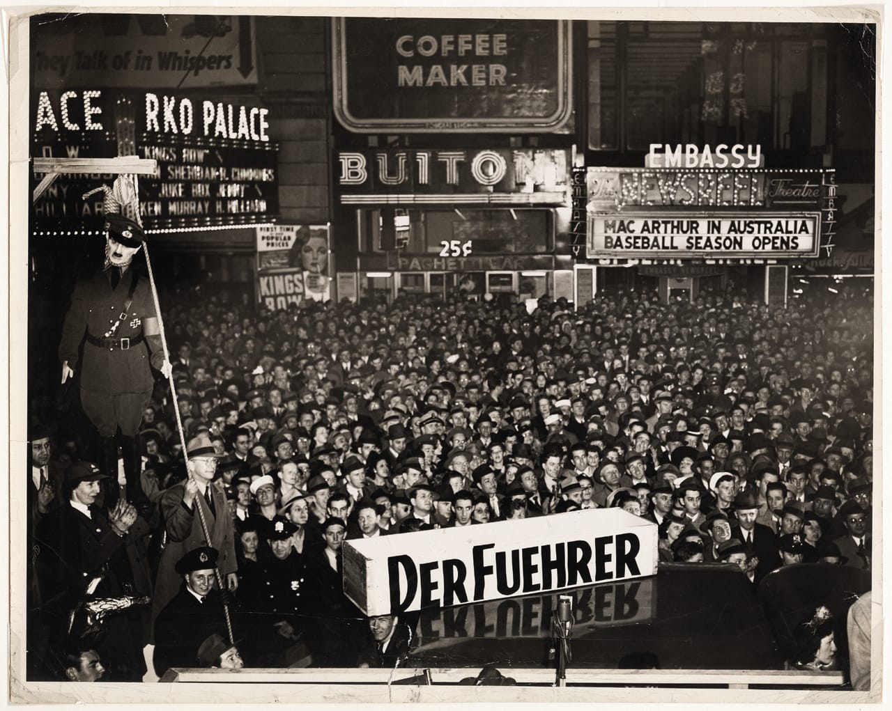 Hitler hung in effigy at a war bonds rally in Times Square (April 20, 1942)