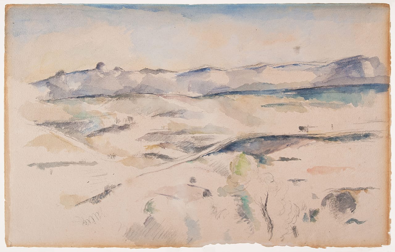 Paul Cézanne, "The Chaîne de l'Etoile Mountains (La Chaîne de l'Etoile avec le Pilon du Roi)" (1885–1886), watercolor and graphite on wove paper, sheet: 12 3/8 x 19 1/8 in (31.4 x 48.6 cm) (photo © 2015 The Barnes Foundation) (click to enlarge)