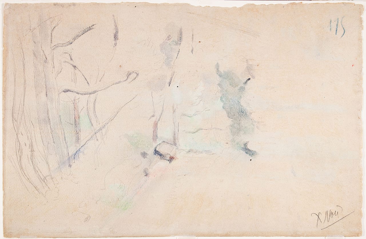 One of the newly discovered Paul Cézanne sketches, "Houses in Landscape with the Pilon du Roi" (nd), graphite on laid paper, sheet: 12 3/16 x 18 11/16 in (31 x 47.5 cm), on the back of "Trees" (Arbres) (c. 1900, possibly earlier), watercolor and graphite on laid paper (photo © 2015 The Barnes Foundation)