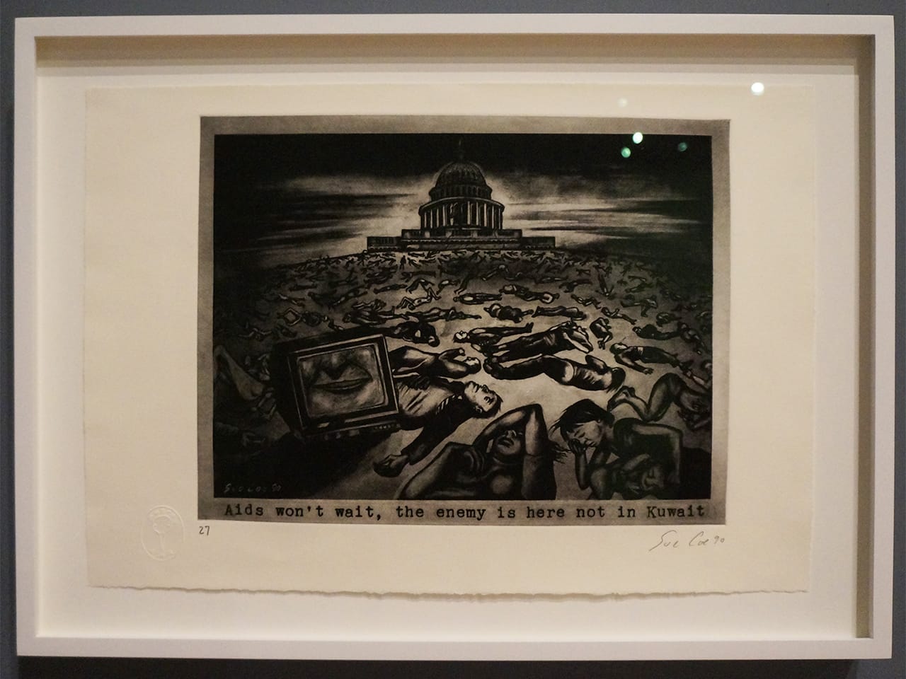 Sue Coe, "Aids and the Federal Government" (1990) (photo by Jillian Steinhauer for Hyperallergic)