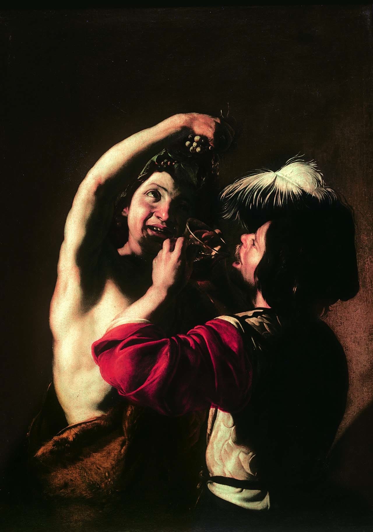 Bartolomeo Manfredi, “Bacchus and Drinker” (1621) Oil on canvas, 132 x 96 cm Rome, Galleria Nazionale di Arte Antica in Palazzo Barberini © Soprintendenza Speciale per il Patrimonio Storico, Artistico ed Etnoantropologico e per il Pollo Museale della città di Roma