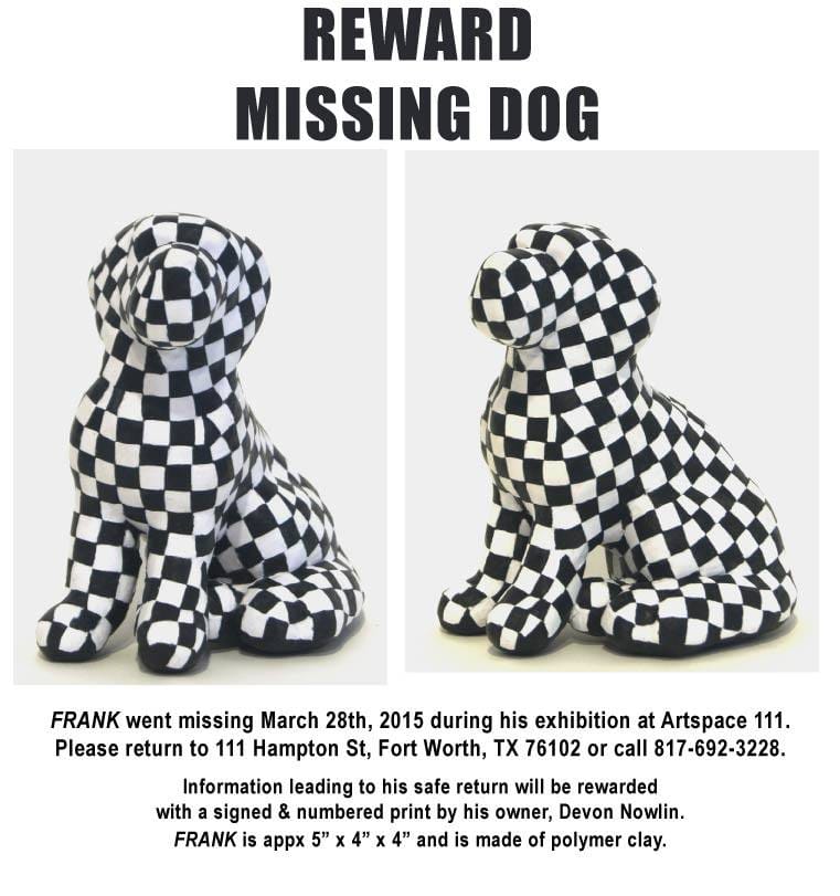"At the end of a wonderful Spring Gallery Night a small dog sculpture was taken from our gallery. Although small in size, Frank has deep significance to our artist Devon Nowlin. If you know the whereabouts of Frank please return him to Artspace111. We miss him." (photo by Artspace111/Instagram)