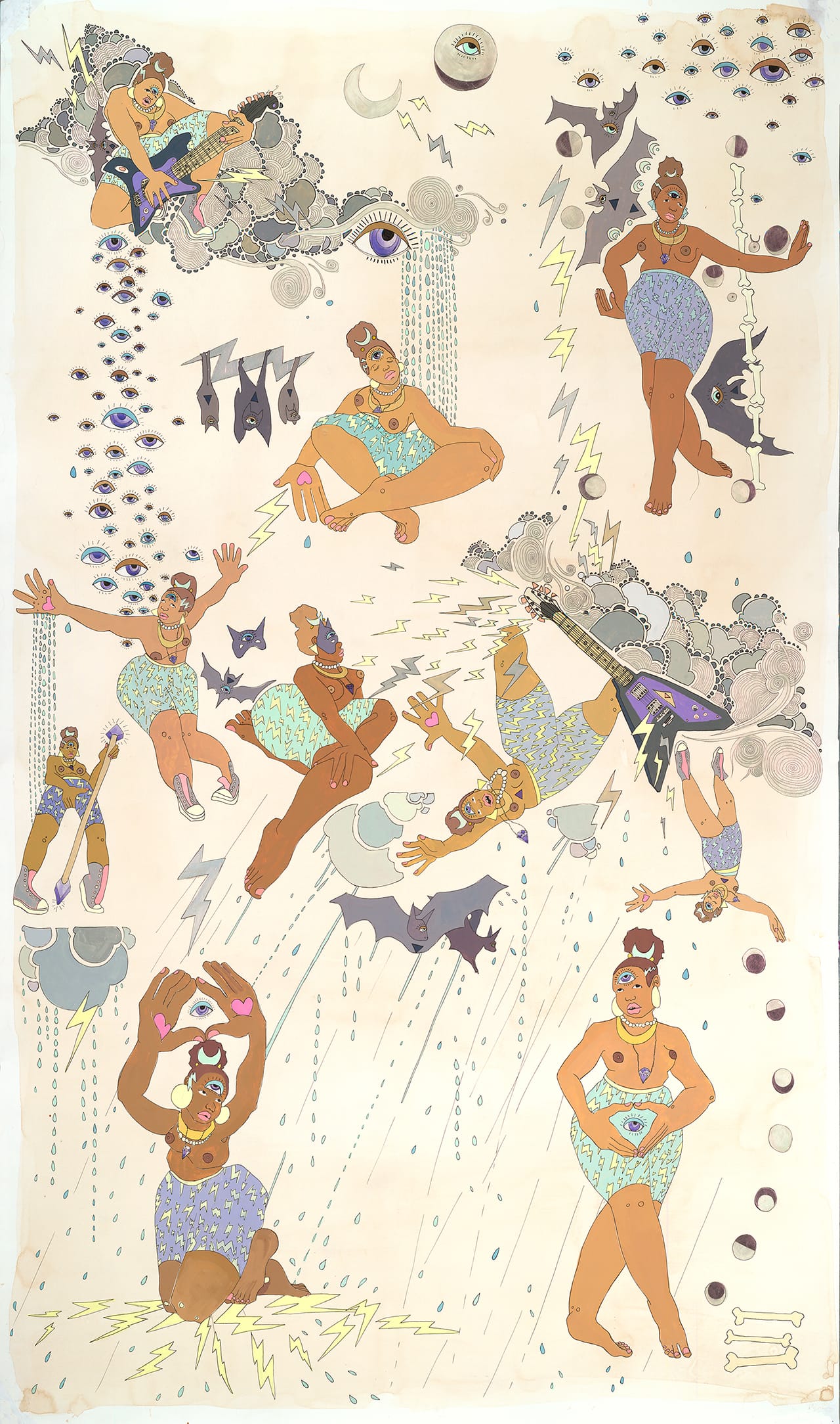 Amaryllis DeJesus Moleski, "Instructions for a Storm," (2014), gouache, watercolor, acrylic, and marker on paper, 72 x 42 in, from the collection of Justine Harris Richburgh (click to enlarge)