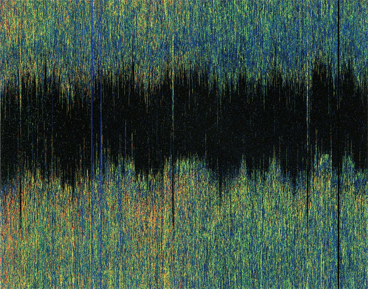 Susan Morris, "SunDial:NightWatch_Sleep/Wake_2010-2014", 2015, Digital drawing for tapestry, 1440 pixels x 1826 pixels (one pixel for each minute of the five years recorded) 
