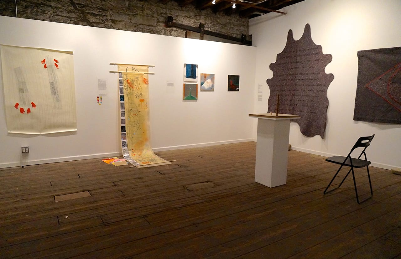 Installation view, Engaging Artists exhibition at Hot Wood Arts Center (click to enlarge)