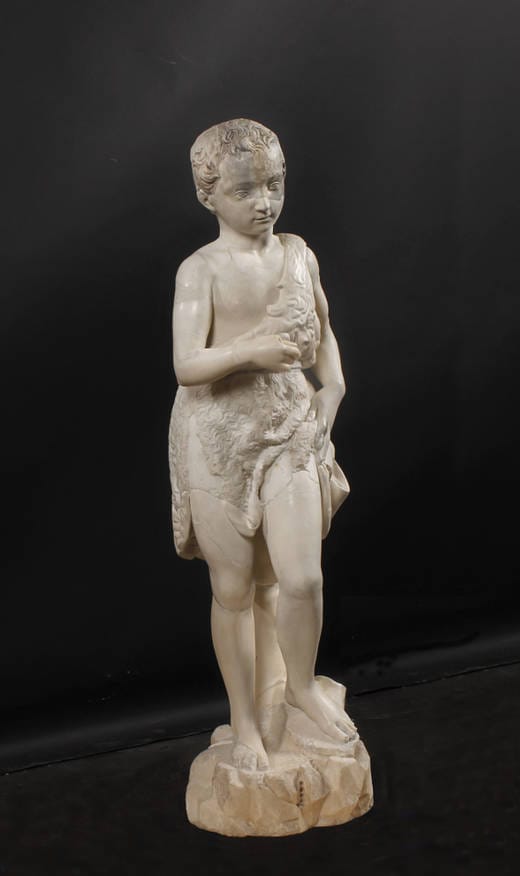 Michelangelo Buonarroti, "The young Saint John the Baptist" (ca. 1495 -1496). Original pieces in marble and reconstruction in resin, 140 x 40 x 43 cm, Fundación Casa Ducal de Medinaceli (via museodelprado.es)