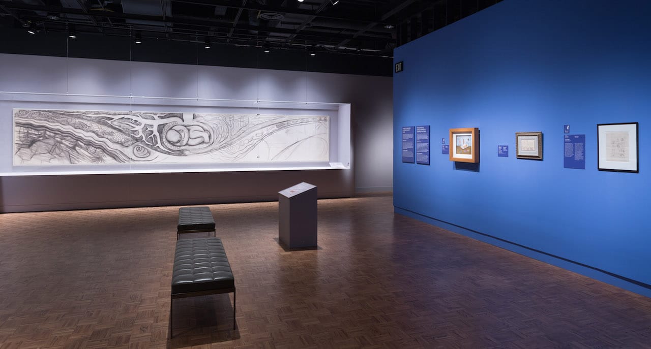 Installation view of 'Diego Rivera and Frida Kahlo in Detroit' at the Detroit Institute of Arts, with Frida Kahlo's untitled lithograph at far right (photo courtesy the Detroit Institute of Arts)