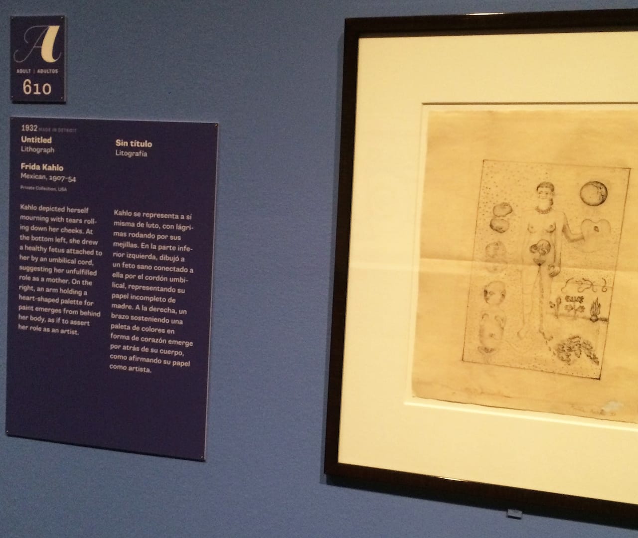 Installation view of Frida Kahlo's untitled 1932 lithograph and accompanying wall text at the Detroit Institute of Arts (photo by the author for Hyperallergic)