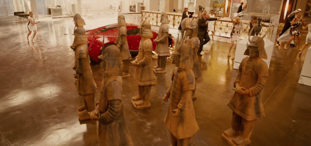 A car plows into terracotta warriors in 'Furious Seven' (gif by the author)
