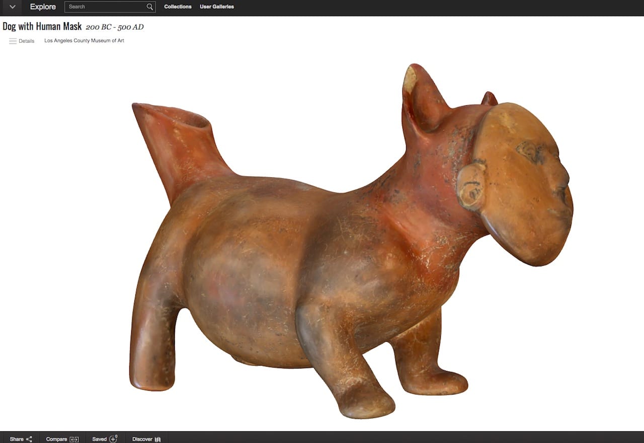 Dog with human mask from Colima, Mexico (circa 200 BCE–500 CE) from LACMA on the Google Cultural Institute (screenshot by the author for Hyperallergic)