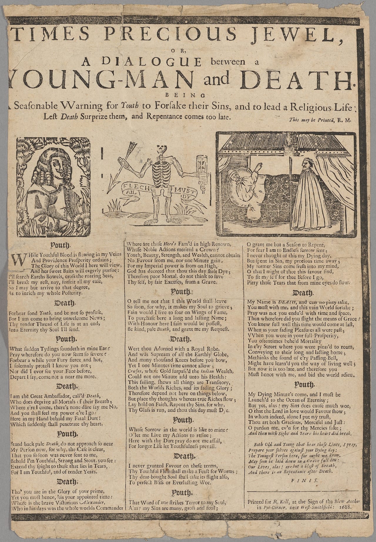 "TIMES PRECIOUS JEWEL, / OR, / A DIALOGUE between a / YOUNG-MAN and DEATH. / BEING / A Seasonable Warning for Youth to Forsake their Sins, and to lead a Religious Life: / Lest Death Surprize them, and Repentance comes too late." (1684-94) (courtesy Houghton Library)