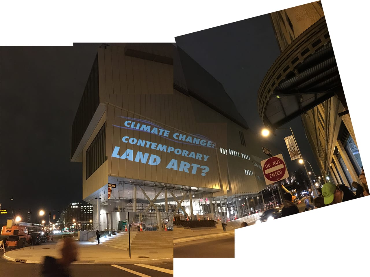 One of the projects on the facade of the new Whitney Museum during Tuesday night's #WhitneyPipeline inauguration. (all images by the author for Hyperallergic)