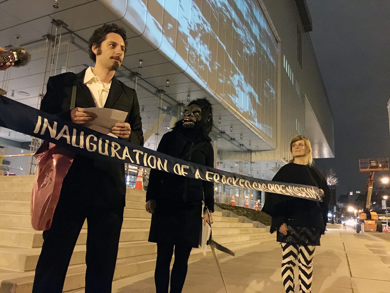 Noah Fischer, Frida Kahlo of Guerrilla Girls, and ––– of __ "inaugurate" the Whitney Museum's new home atop a frack gas pipeline with a ceremonial ribbon cutting. (all photos by the author for Hyperallergic)