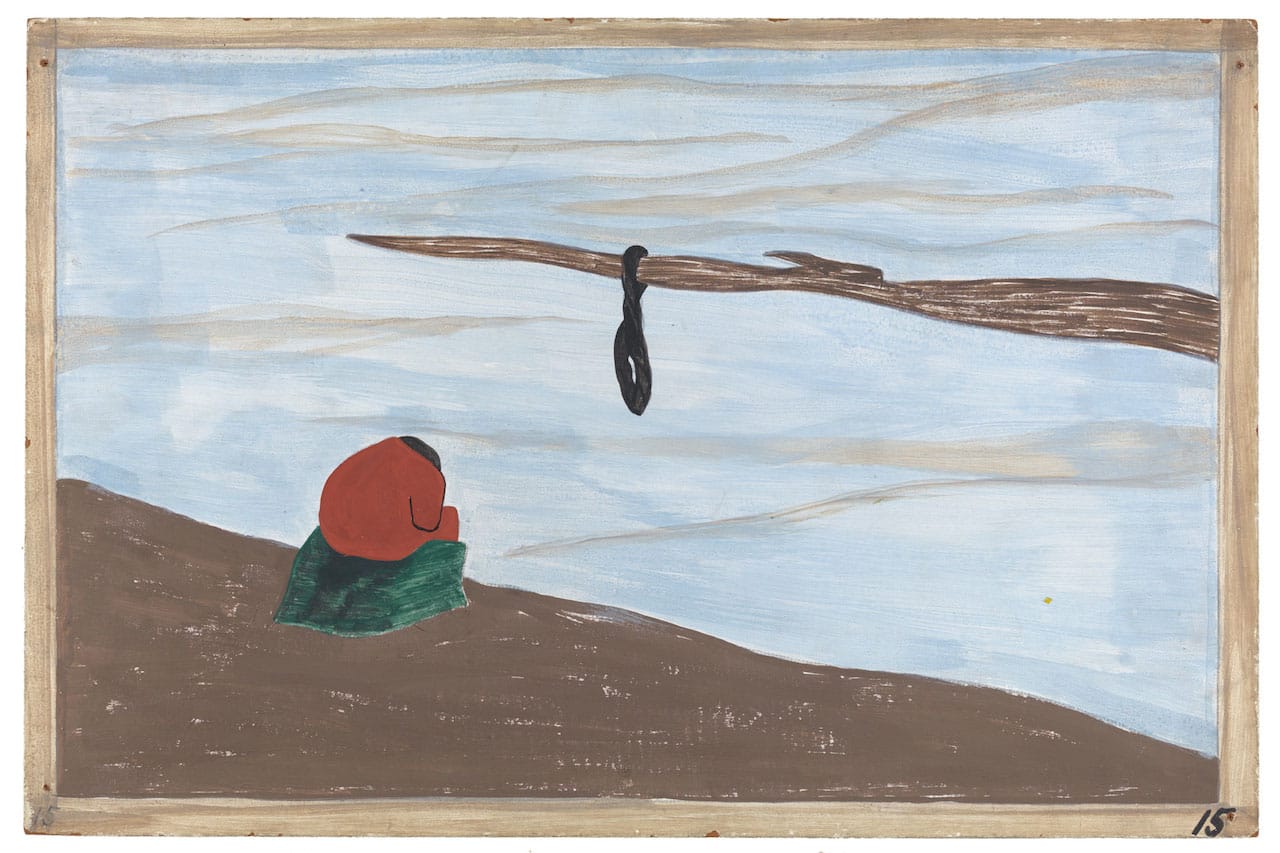 Jacob Lawrence. The Migration Series. 1940-41. Panel 15: “Another cause was lynching. It was found that where there had been a lynching, the people who were reluctant to leave at first left immediately after this.” Casein tempera on hardboard, 18 x 12″ (45.7 x 30.5 cm). The Phillips Collection, Washington D.C. Acquired 1942. © 2015 The Jacob and Gwendolyn Knight Lawrence Foundation, Seattle / Artists Rights Society (ARS), New York. Photograph courtesy The Phillips Collection, Washington D.C. 