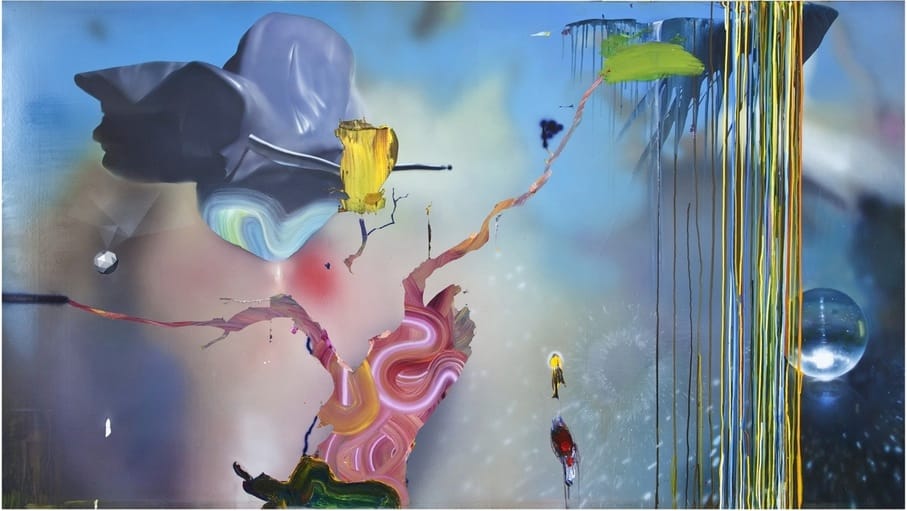 Tom LaDuke, "Polyrhythmic Looping" (2014), acrylic and glitter on canvas over panel, 53 x 95 x 2 inches (via kohngallery.com)