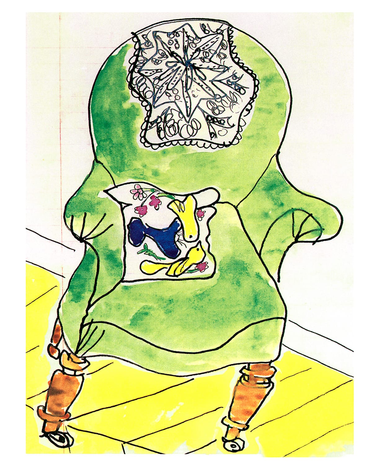 “Green chair” Permanent pigment ink on archival 300 lb. watercolor paper, 76 x 51 cm (edition of 100) (Courtesy of Leonard Cohen)