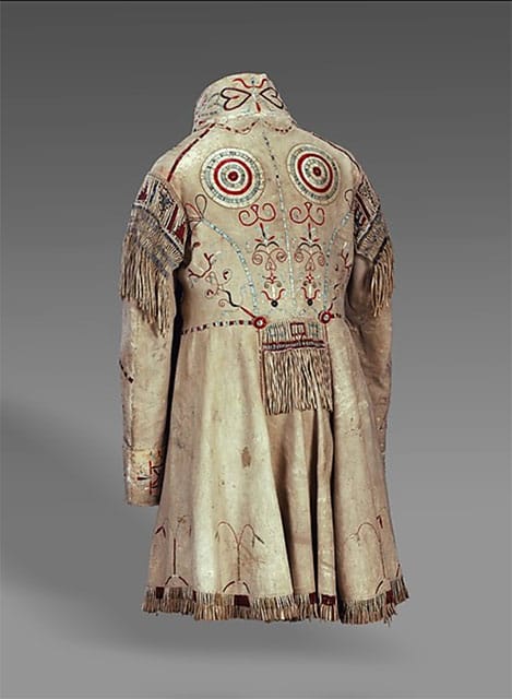 "Man's Coat" , Sioux-Metis, 1840, Native-tanned leather, porcupine quills, metal hook-and-eyes, Canadian Museum of History, Gatineau, Quebec