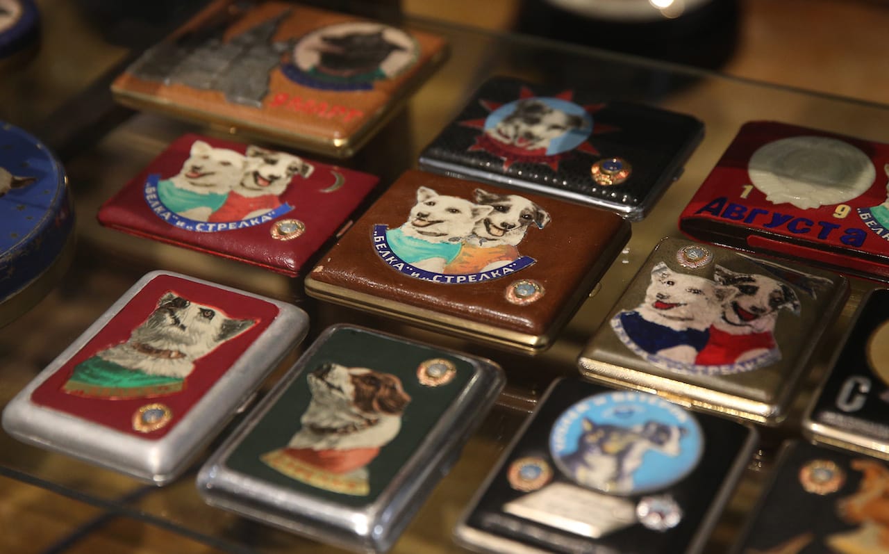 LONDON, ENGLAND - FEBRUARY 11:  Space Dogs memorabillia belonging to Martin Parr are displayed at the Magnificent Obsessions: The Artist as Collector exhibition at the Barbican Art Gallery on February 11, 2015 in London, England. This is the first major exhibition in the UK to present the personal collections of post-war and contemporary artists. Ranging from mass-produced memorabilia and popular collectibles to one-of-a-kind curiosities, rare artefacts and specimens, these collections provide insight into the inspirations, influences, motives and obsessions of artists. Magnificent Obsessions: The Artist as Collector opens at the Barbican Art Gallery in London on February 12, 2015 until - May 25, 2015.  (Photo by Peter Macdiarmid/Getty Images for Barbican Art Gallery)