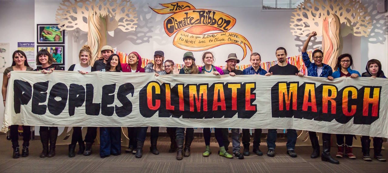 The People's Climate Arts Crew with Mayday and Climate Ribbon crews at Thoughtworks (photo by Robert Pluma)