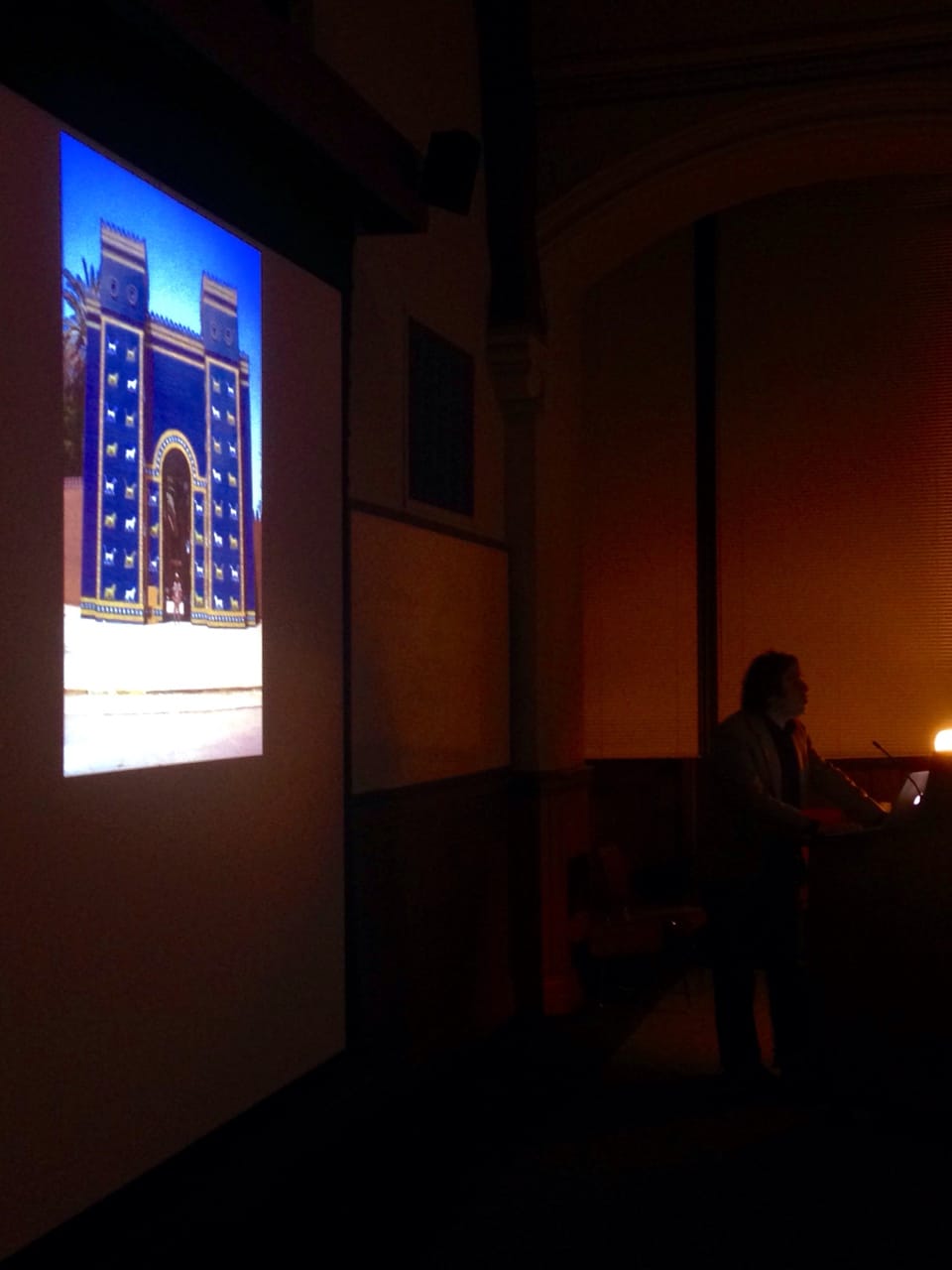 Michael Rakowitz delivering his lecture at Case Western Reserve University (photo by Jeremy David Bendik-Keymer) (click to enlarge)