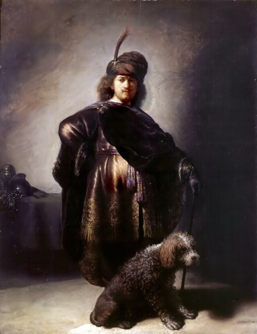 Rembrandt, "Self-portrait in oriental attire with poodle" (1631-33), oil on oak panel. The artist created around 80 self-portraits in his lifetime. (via Musée des Beaux-Arts de la Ville de Paris)