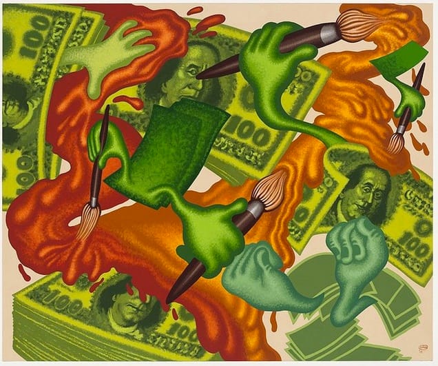 Peter Saul, "Art and Money" (2015), acrylic on canvas, 60 x 72 inches (via instagram)