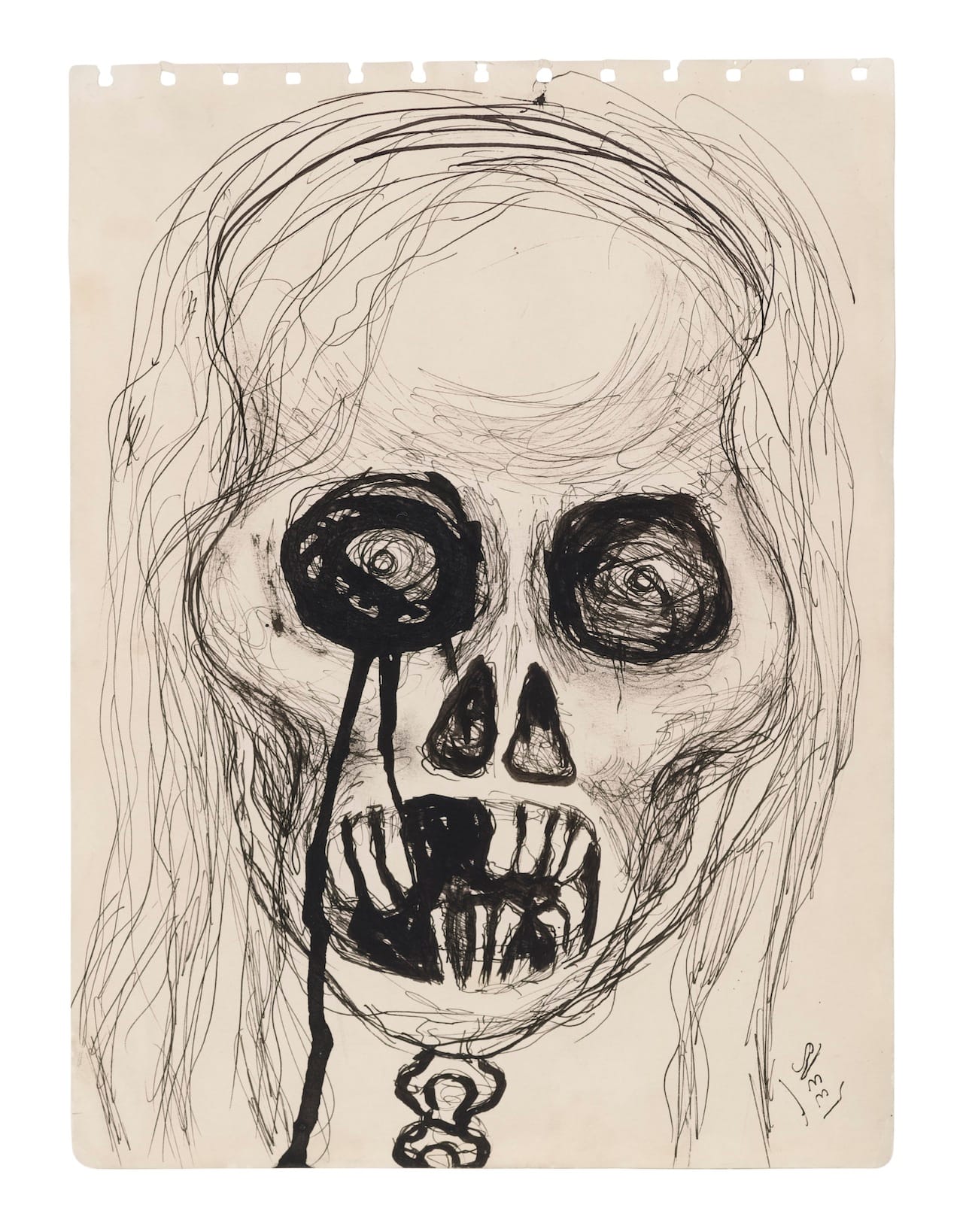 Alice Neel Self-Portrait Skull, 1958 Ink on paper 11 3/4 x 8 3/4 inches (29.8 x 22.2 cm) © The Estate of Alice Neel Courtesy David Zwirner, New York/London (click to enlarge)