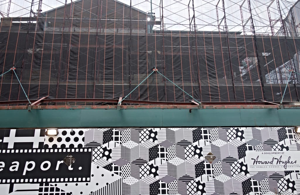 Construction scaffolding from the Howard Hughes Corporation on Fulton Street