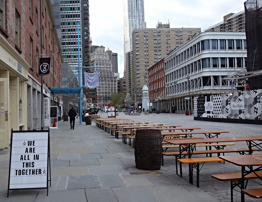 Looking up Fulton Street towards the South Street Seaport Museum 