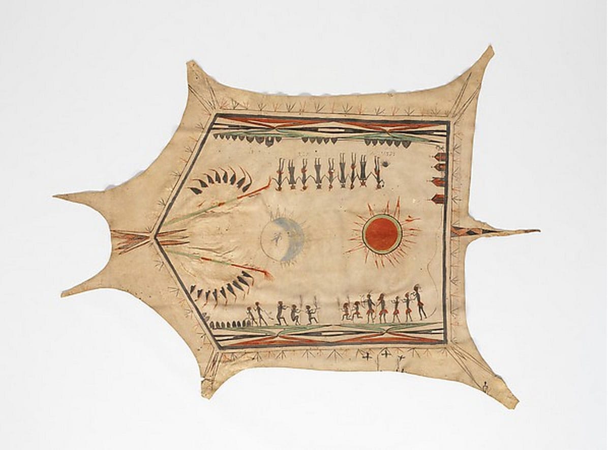 "Three Villages Robe", Quapaw, 1740, Native-tanned leather, pigment, Musée du quai Branly, Paris, made available by the EDF Foundation and Martine and Bruno Roger