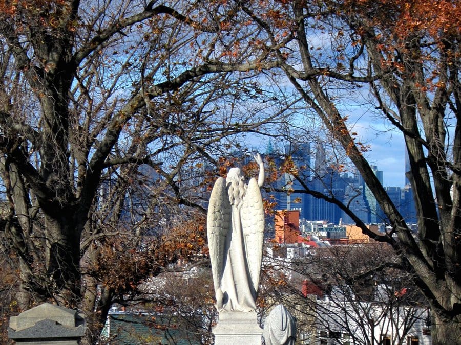 An angel overlooking Manhattan from Green-Wood Cemetery, Brooklyn (all photos by the author for Hyperallergic)