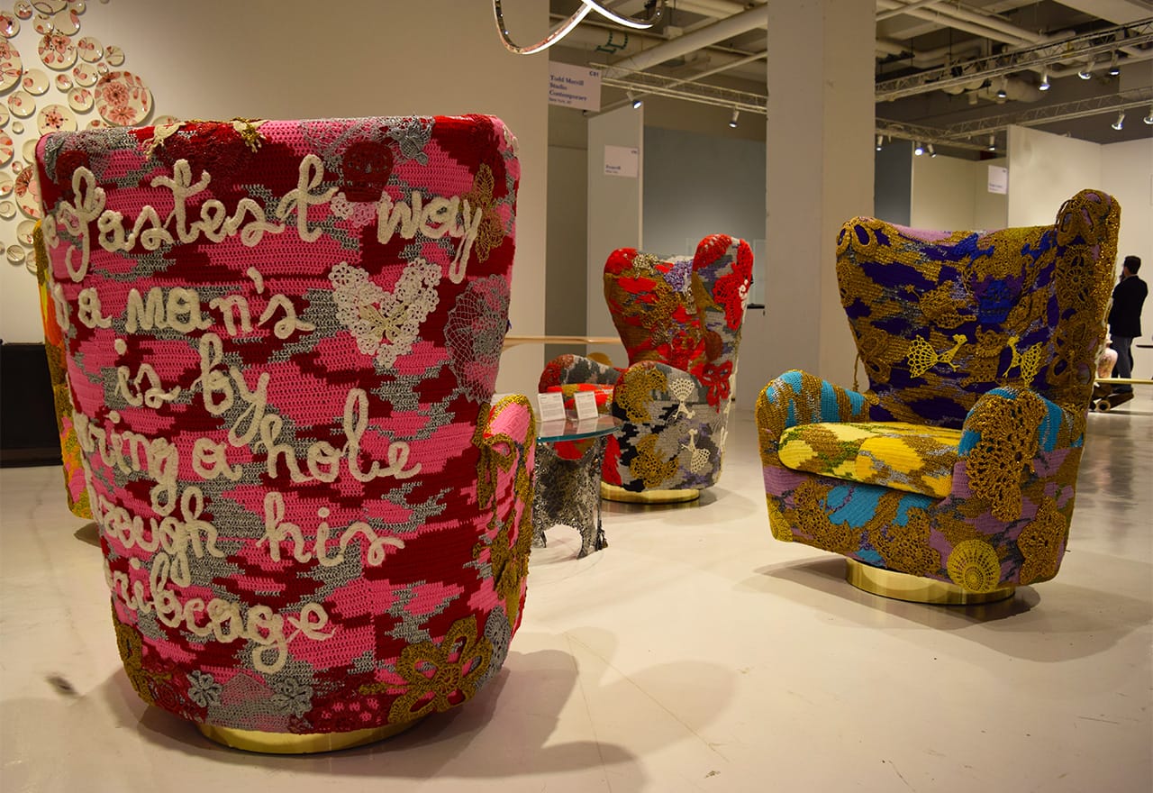 Olek and Todd Merrill Custom Originals, "Swivel Thrones: #You, #Ribcage, #Regret, #Risk" (2015) in the Todd Merrill Studio Contemporary booth at Collective Design