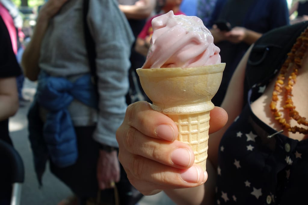 Spencer Finch, "Sunset (Central Park)," where a solar-powered ice cream truck dispenses ice cream in the colors of the Central Park sunset