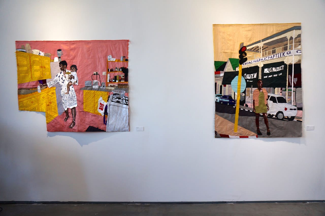 Billie Zangewa, "Ma vie en rose" and "Homecoming" (both 2015), silk tapestries, at Afronova's booth (click to enlarge)
