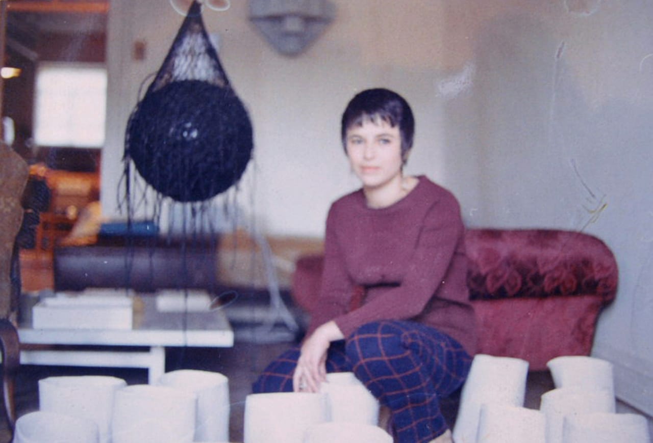 Eva Hesse in her Bowery studio ca. 1968 (photo courtesy of Allen Memorial Art Museum, Oberlin College)