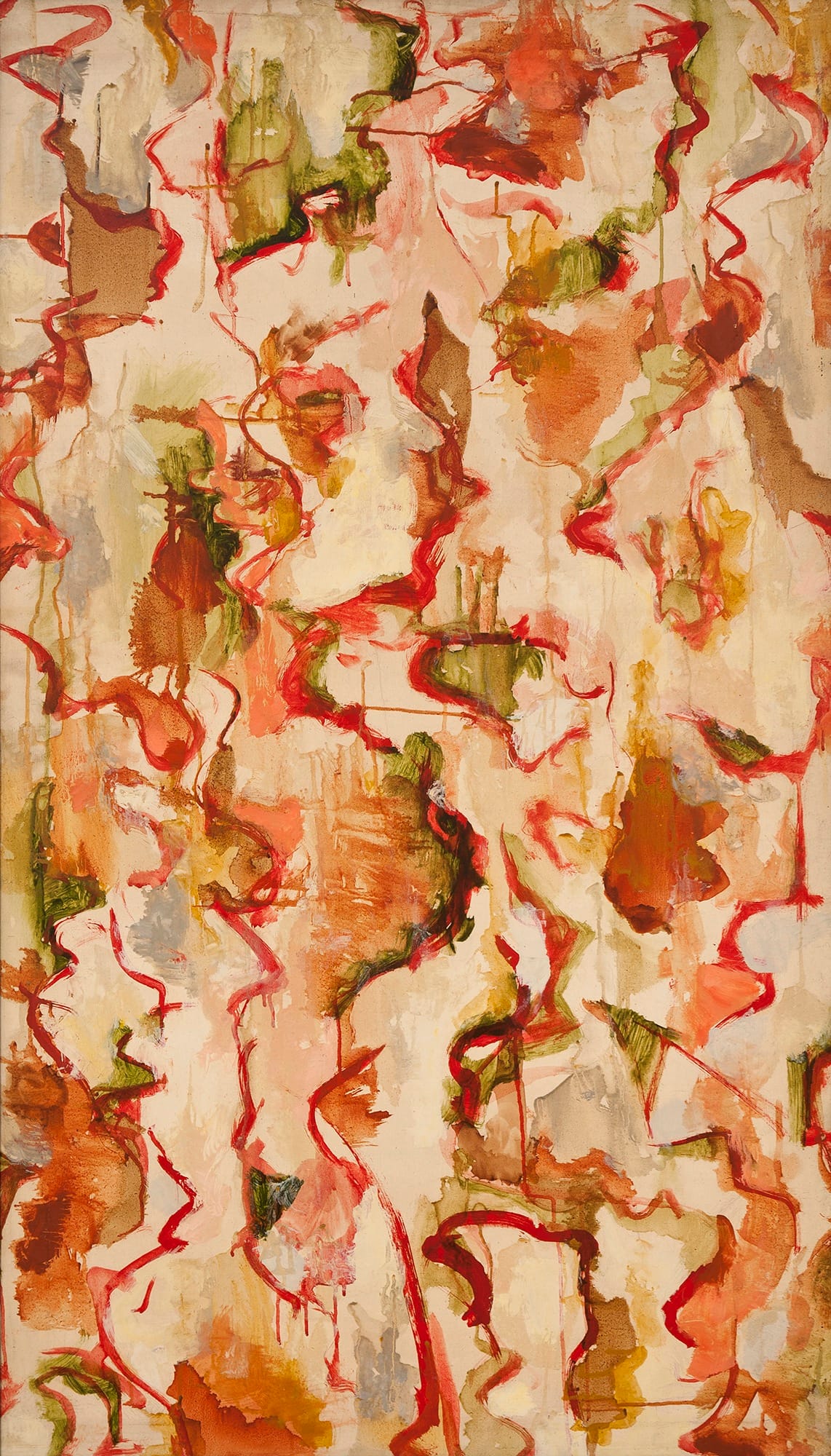 Audrey Flack, "Figures and Trees for Bill" (1949–50), oil on canvas, 48 x 28 inches (click to enlarge)