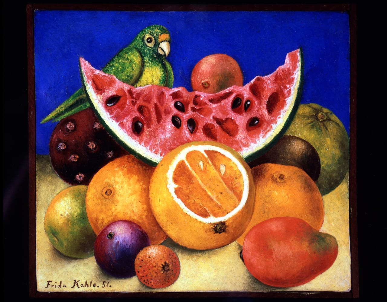 Frida Kahlo,Still Life with Parrot and Fruit,1951Harry Ransom Center, The University of Texas at Austin© 2014 Banco de México Diego Rivera Frida Kahlo Museums Trust, Mexico,D.F. / Artists Rights Society (ARS), New