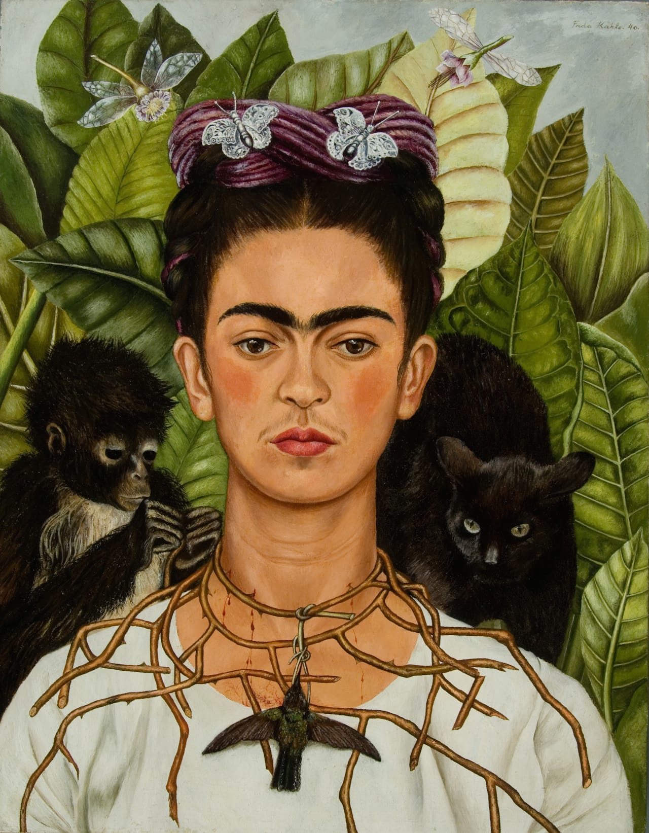 Frida Kahlo,Self-‐Portrait with Thorn Necklace and Hummingbird,1940Harry Ransom Center, The University of Texas atAustin© 2014 Banco de México Diego Rivera Frida Kahlo Museums Trust, Mexico, D.F. / Artists Rights Society (ARS), New YorK
