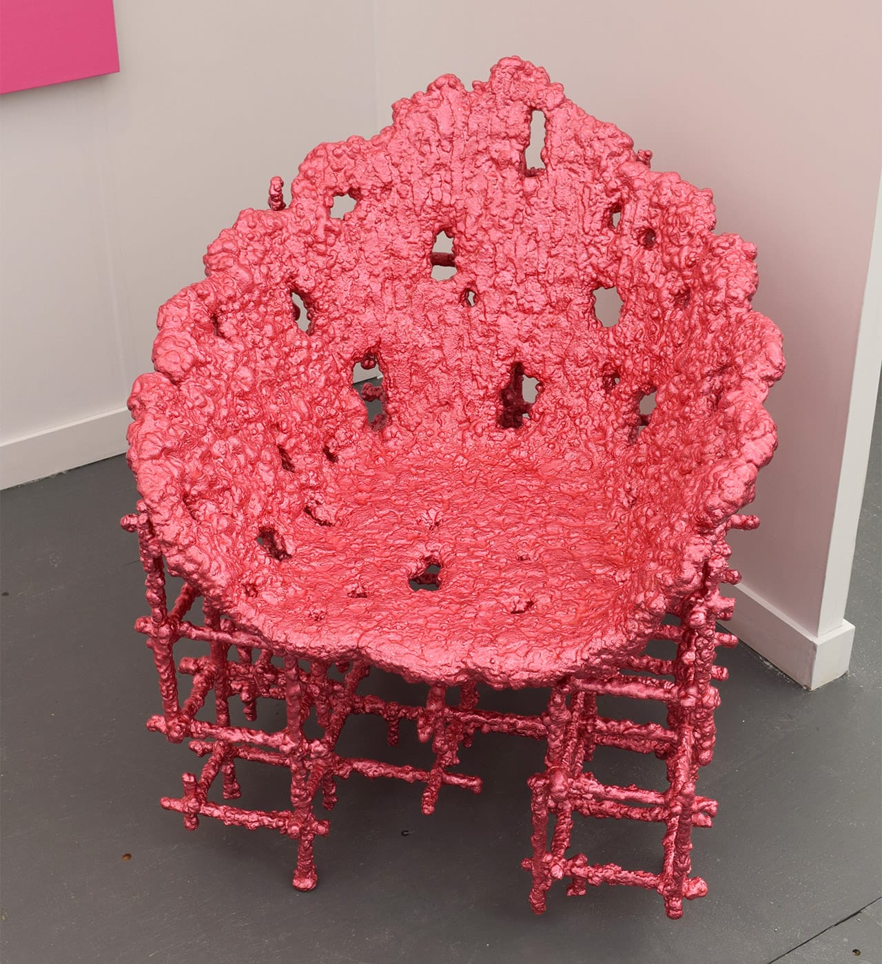 Chris Schenk, "Alufoil Chair (Pink)" (2015) in the Almine Rech Gallery booth at Frieze New York