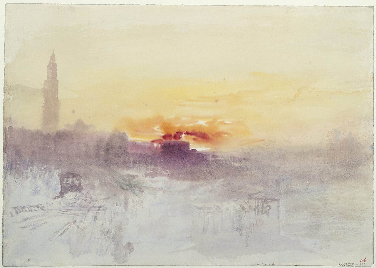 J.M.W. Turner, "Venice at Sunrise from the Hotel Europa, with Campanile of San Marco" (c. 1840), watercolor (Tate: Accepted by the nation as part of the Turner Bequest 1856 Photo © Tate, London 2014)