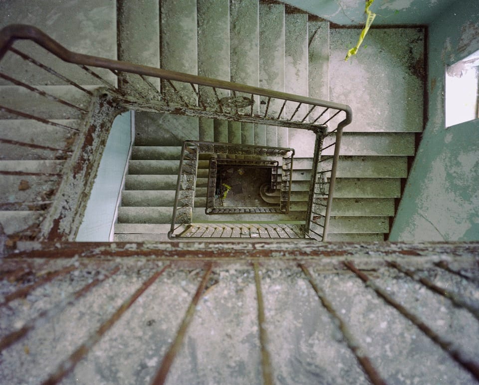 Staircase in Greystone Park Hospital (photograph by Phil Buehler, from Woody Guthrie's Wardy Forty)