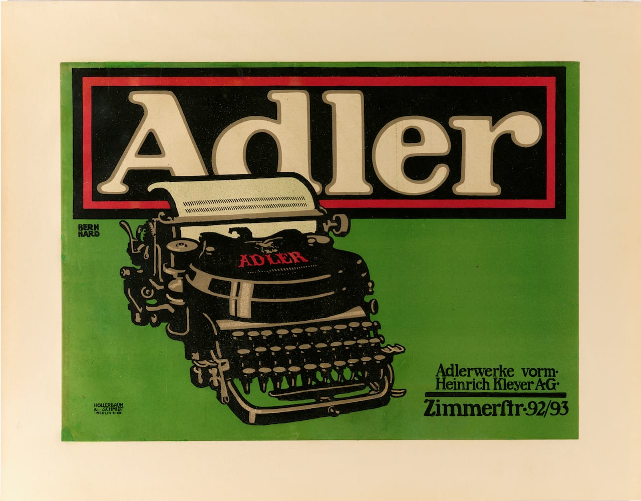 Lucian Bernhard, for Adler, "Adler Typewriter" (1909-10), lithograph, 13 9/16 x 18 1/2 in. (Photo by Matt Flynn, courtesy Cooper Hewitt, Smithsonian Design Museum)