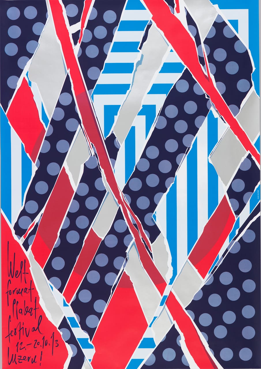 Felix Pfäffli, for Weltformat Poster Festival (Lucerne, Switzerland), Weltformat 13 (2013), lithograph. 50 3/8 x 35 1/4 in. (Photo by Matt Flynn, courtesy Cooper Hewitt, Smithsonian Design Museum)