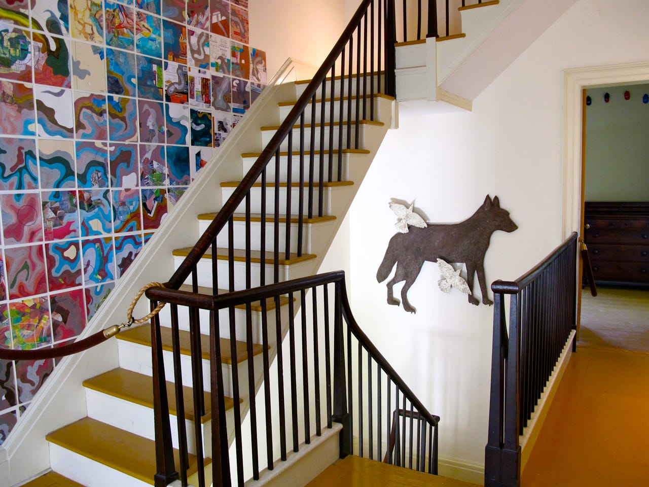Installation view of Kiki Smith's "Wolf and Birds IIII" and Jerry Gretzinger "Jerry's Map" at Thomas Cole National Historic Site