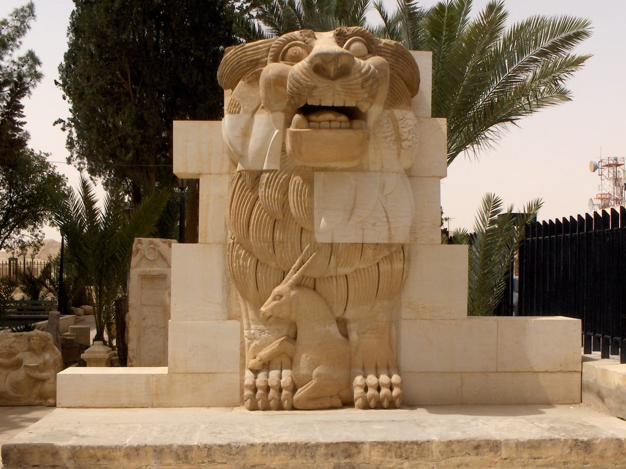 A lion sculpture dating from the first century BCE that was once part of the Temple of Allat, now on view at the Palmyra Archaeological Museum (photo by Mappo/Wikimedia Commons)
