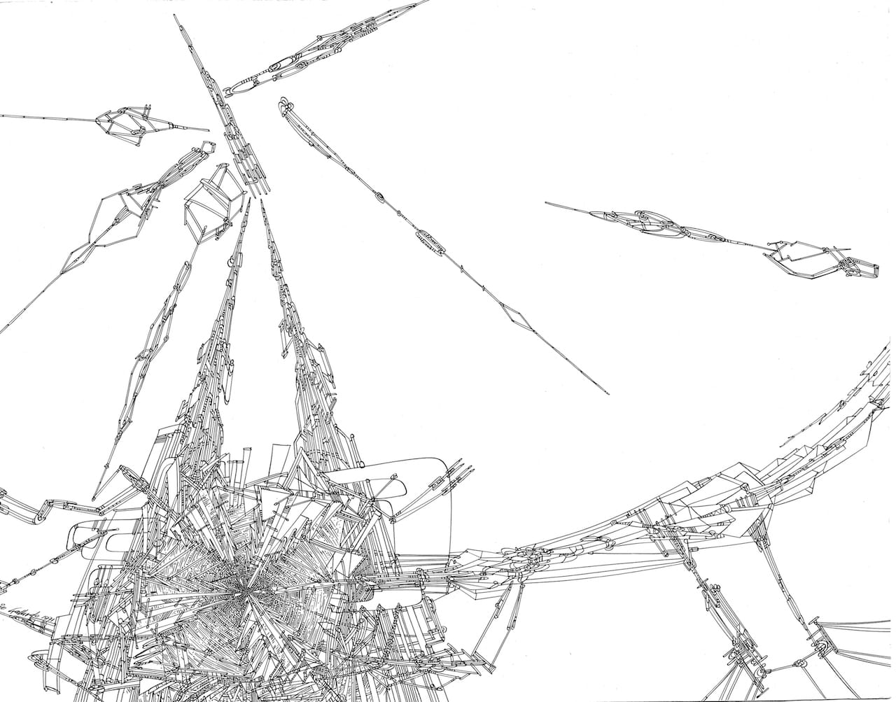 Mario Gallardo (Odrallag), "Significación Macrocosmismo: 'Torre Automatizada' (Macrocosmic meaning: 'Automated Tower')" (1971), ink on cardboard (collection of the artist)