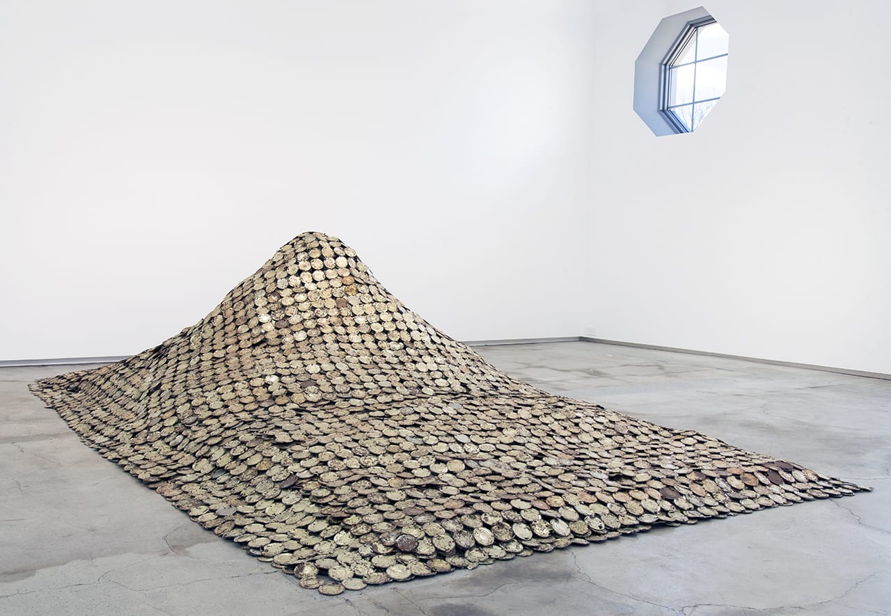 Installation view of El Anatsui's "Peak Project" (1999) at The School (click to enlarge)