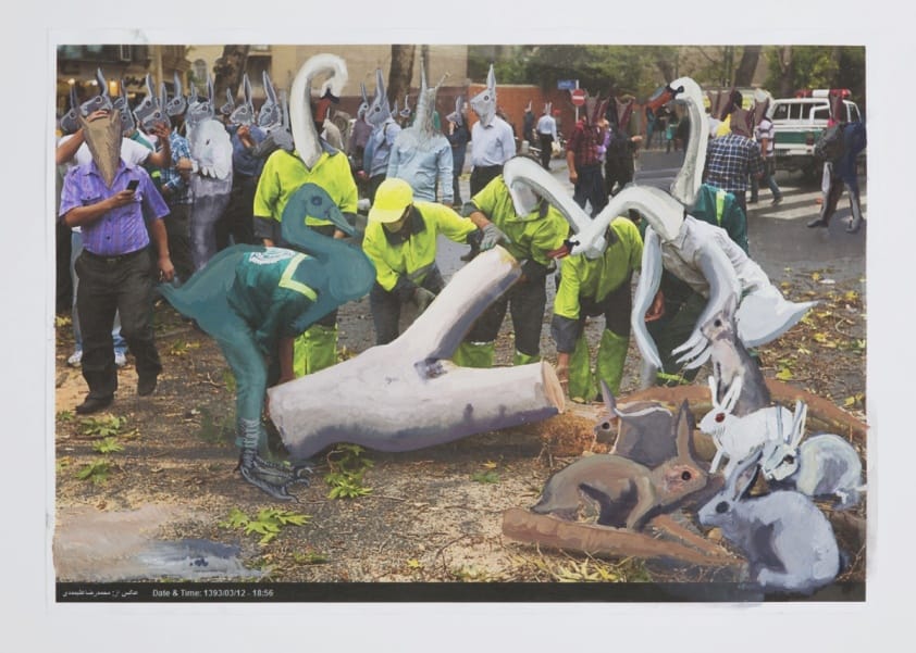 Rokni Haerizadeh, "But a storm is blowing from paradise" (2014–2015), gesso, water color and ink on printed paper, 11 5/8 x 16 1/2 inches (29.5 x 41.9 cm)