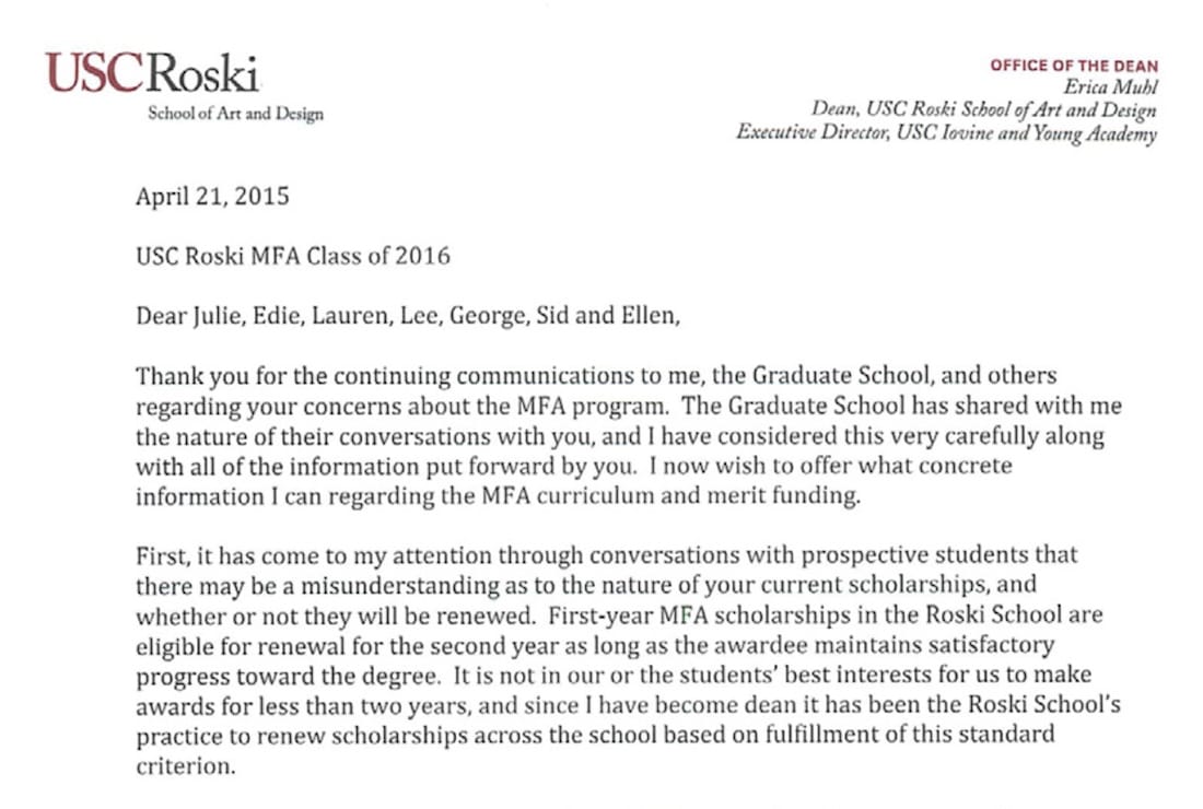 A letter sent to the USC7 by Dean Erica Muhl on April 21, 2015 (image via mfanomfa.tumblr.com/)