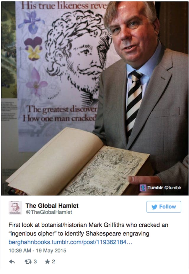Mark Griffiths holding Gerard's book in front of a blown up image of the alleged Shakespeare portrait (Image via Twitter) 